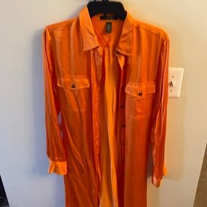 Bright Tangerine Orange Silk Shirt Dress w/Matching Fabric Belt, Flap Pockets